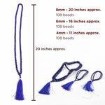 Blue beaded necklace with tassels and measurements on a white background