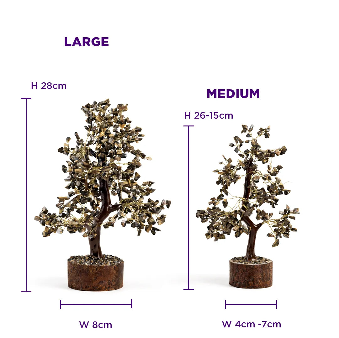 Two artificial trees, one large and one medium, with measurements indicated.