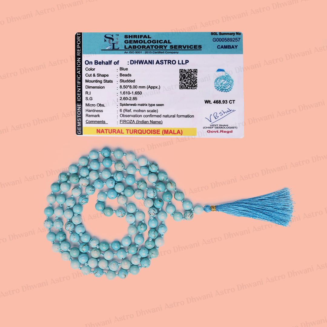 A necklace of light blue round beads with a matching blue tassel, displayed on a peach background alongside a gemological certificate