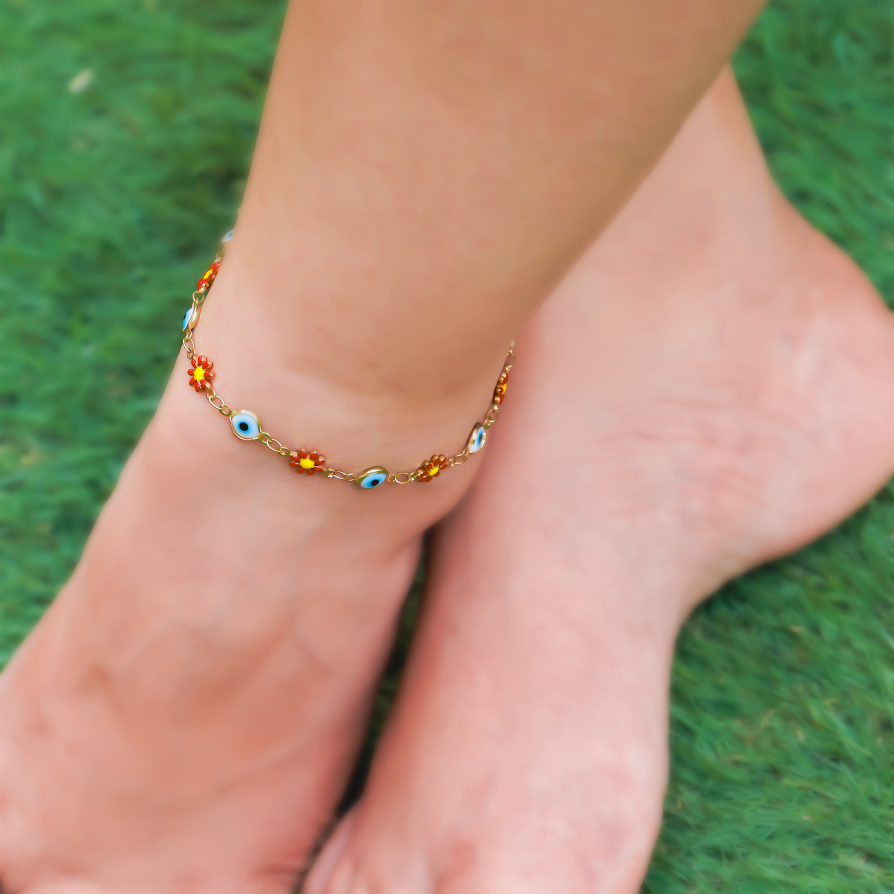 Blue Onxy Evil Eye AnkletsEvil Eye With Flower Anklets