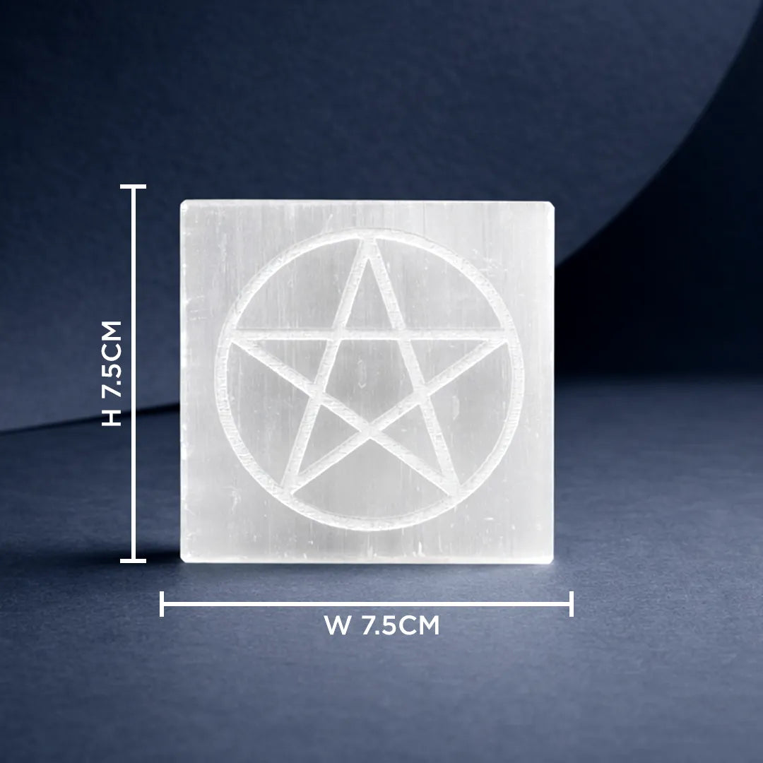 Square crystal with pentagram design and measurements on a dark background