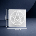 Square crystal with pentagram design and measurements on a dark background