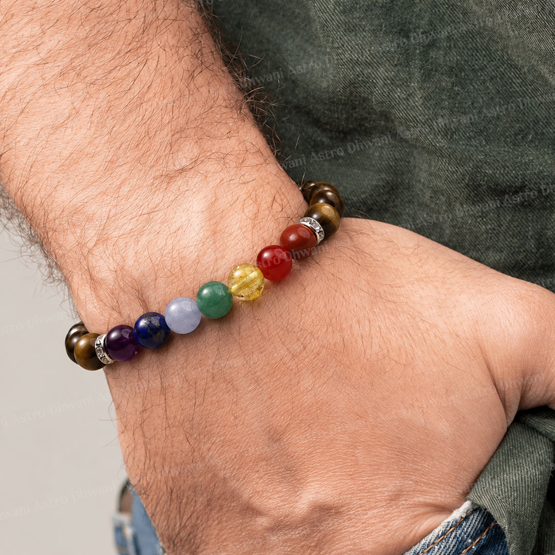 Tiger Eye with 7 Chakra Bracelet - Abhimantrit & Certified