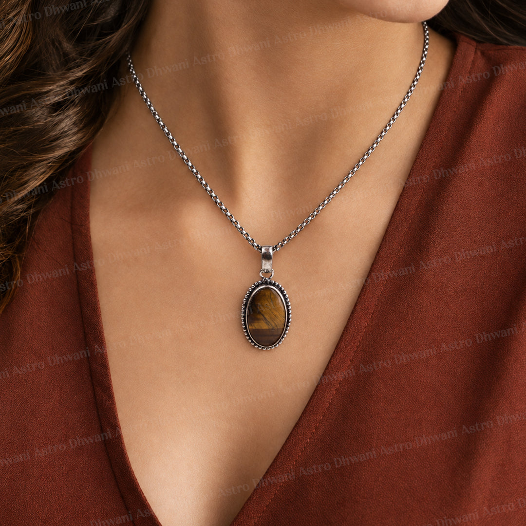 Tiger Eye Oval Stone Pendant - Abhimantrit & Certified