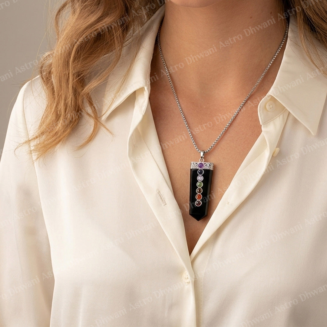 Black Obsidian Seven Chakra Stone Pendant - Abhimantrit & Certified