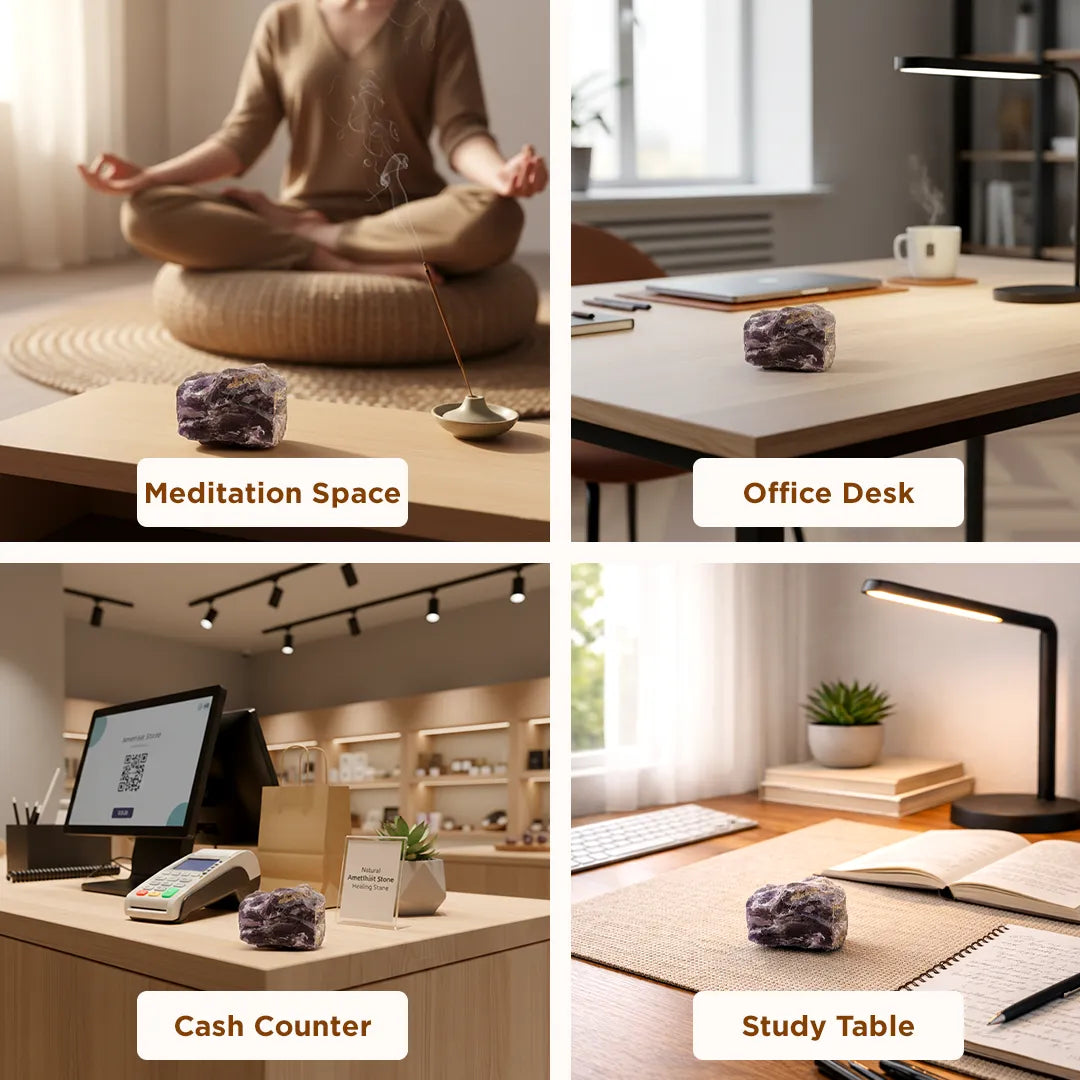 Four different settings with a purple crystal on a table labeled 'Meditation Space', 'Office Desk', 'Cash Counter', and 'Study Table'.