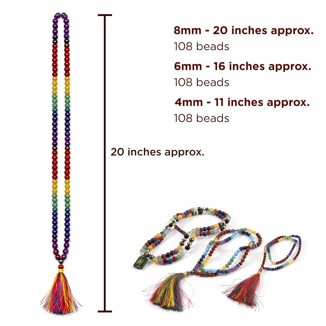 Colorful beaded necklace with tassels and measurement details on a white background