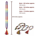 Colorful beaded necklace with tassels and measurement details on a white background