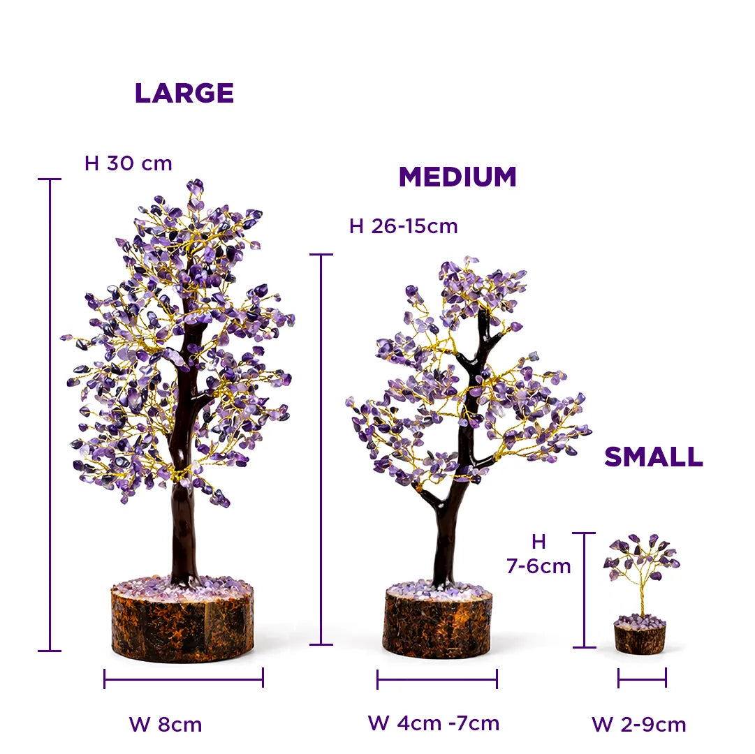 Three sizes of decorative trees with measurements on a white background