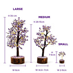 Three sizes of decorative trees with measurements on a white background