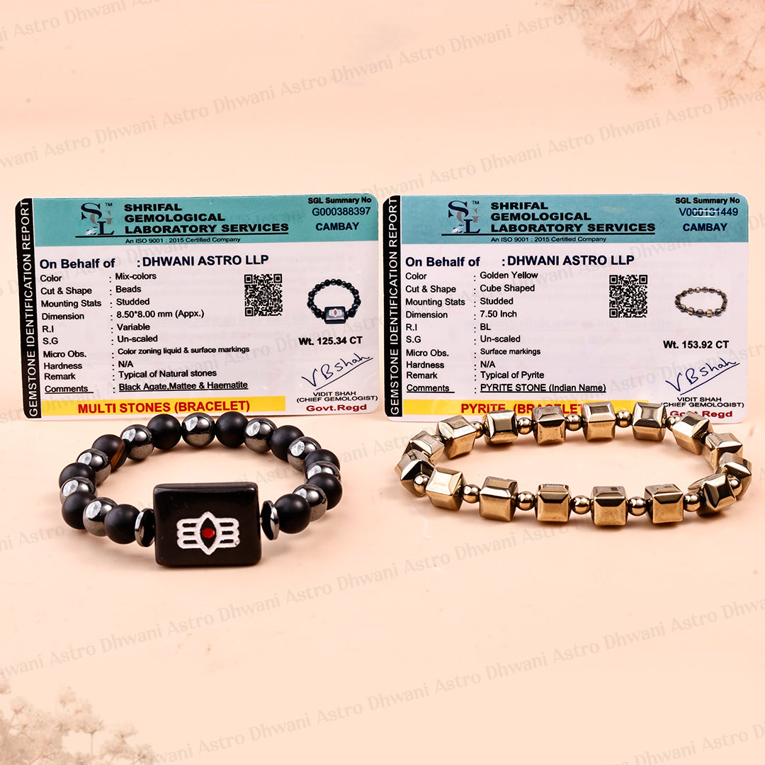 Golden Pyrite Cubical & Shiv Netra Bracelet for Wealth & Protection