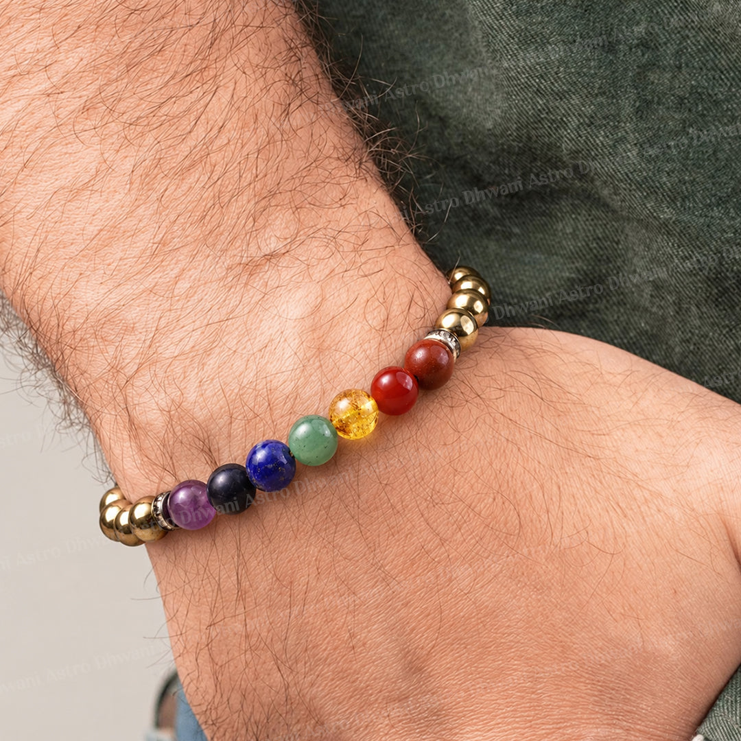 Golden Pyrite with 7 Chakra Bracelet - ABhimantrit & Certified