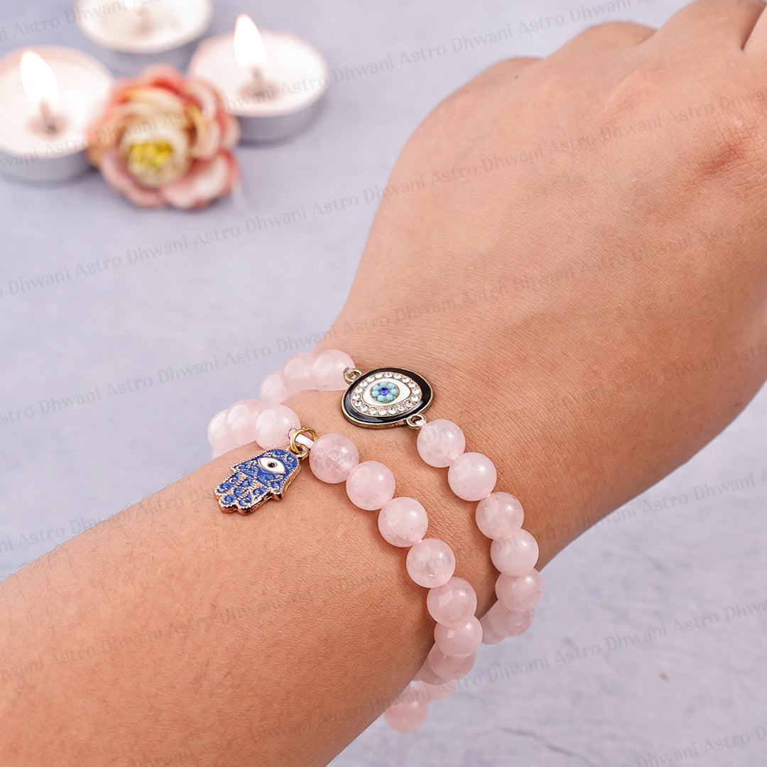 Rose Quartz Bracelet with Evil Eye & Hamsa Hand Charm Combo - Abhimantrit & Certified