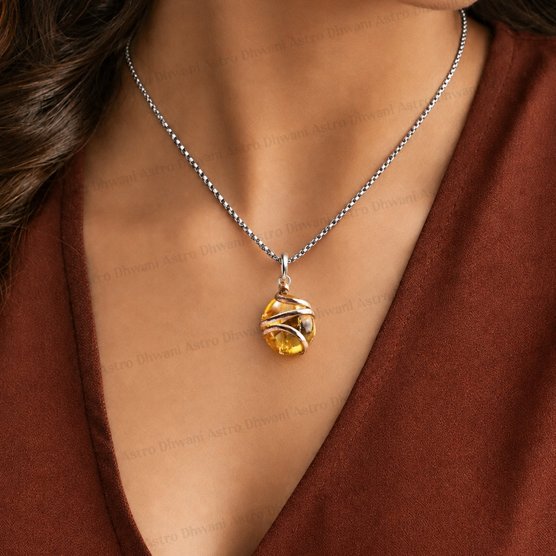 Natural yellow citrine wrapping Crystal pendant for Success - Dhwani Astro