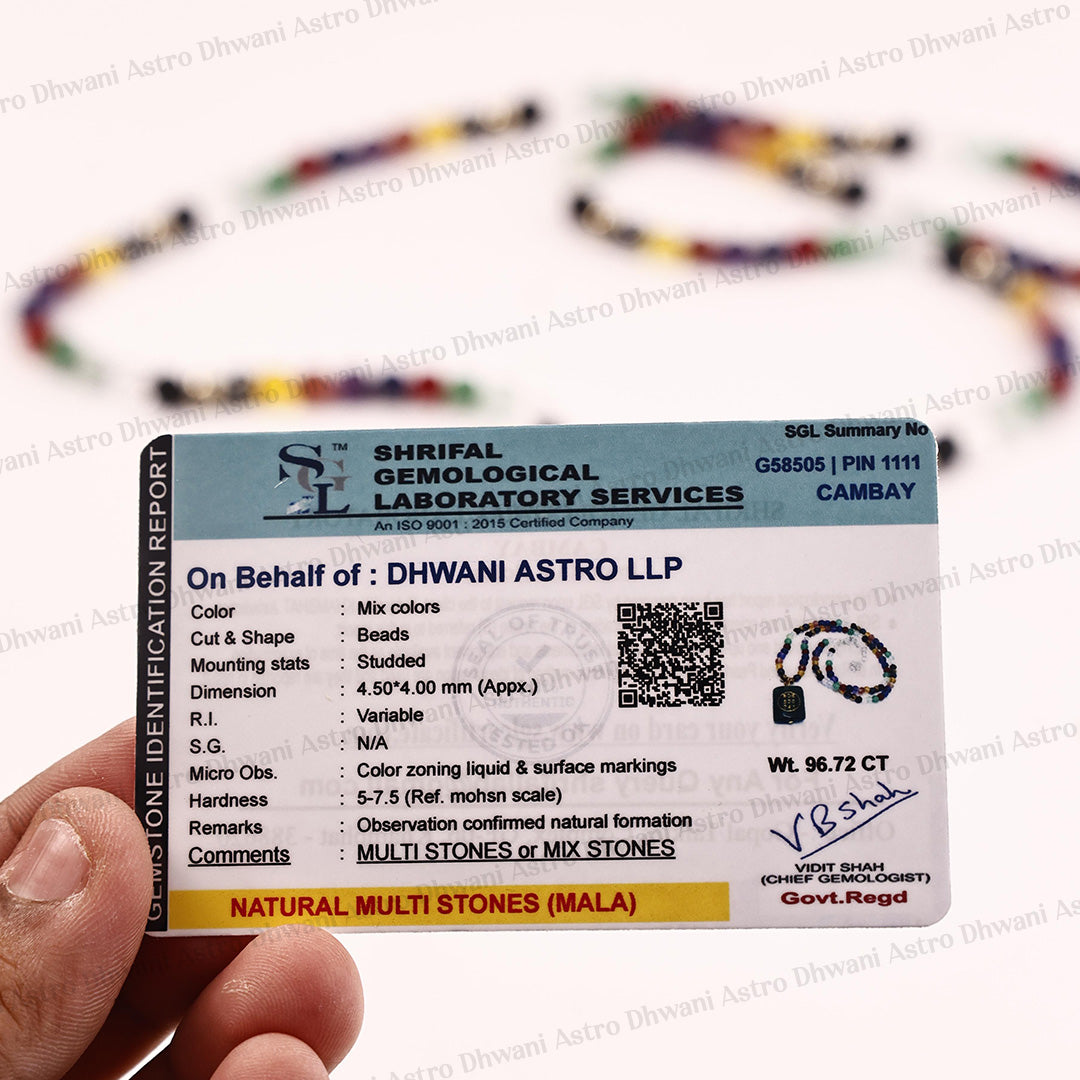 A close-up of a hand holding a printed gemological certificate card in front of a blurred string-of-beads display. The card is labeled 'SHRIFAL GEMOLOGICAL LABORATORY SERVICES' and includes product details such as color, dimensions, hardness, and a QR code, with the beads themselves visible in the out-of-focus background.Business Success Crystal Mala for Wealth, Growth & Opportunities