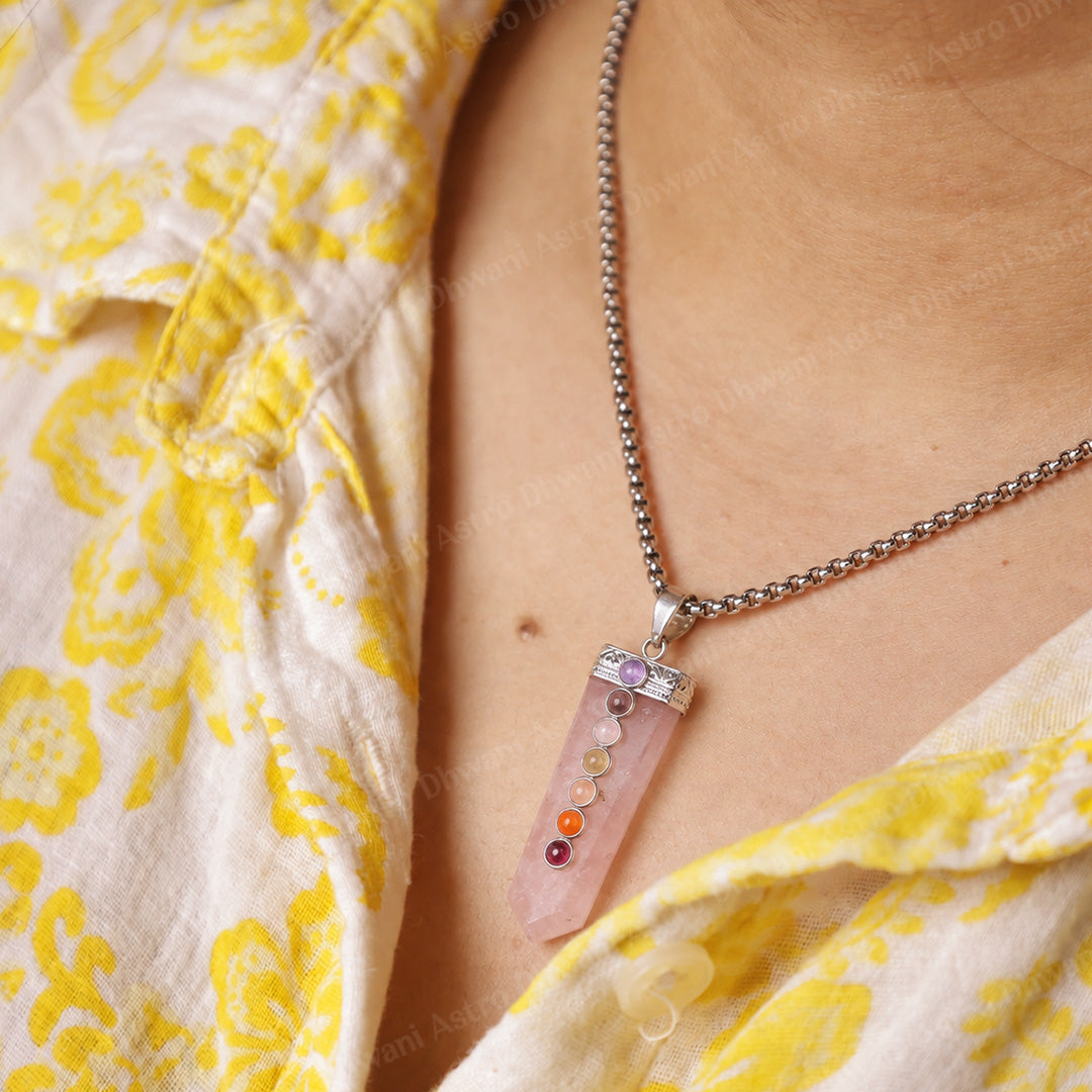 Rose Quartz Seven Chakra Stone Pendant - Abhimantrit & Certified