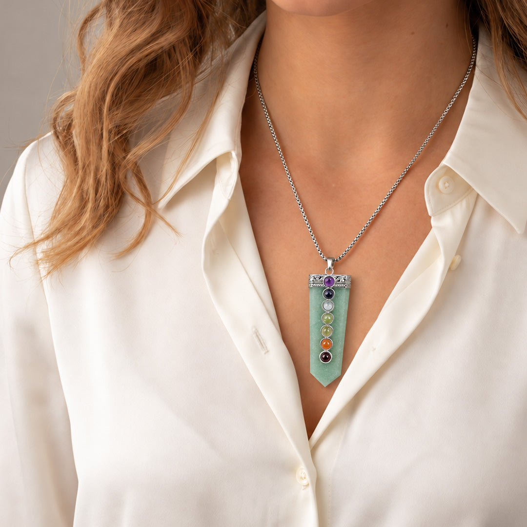 Green Aventurine Seven Chakra Stone Pendant - Abhimantrit & Certified
