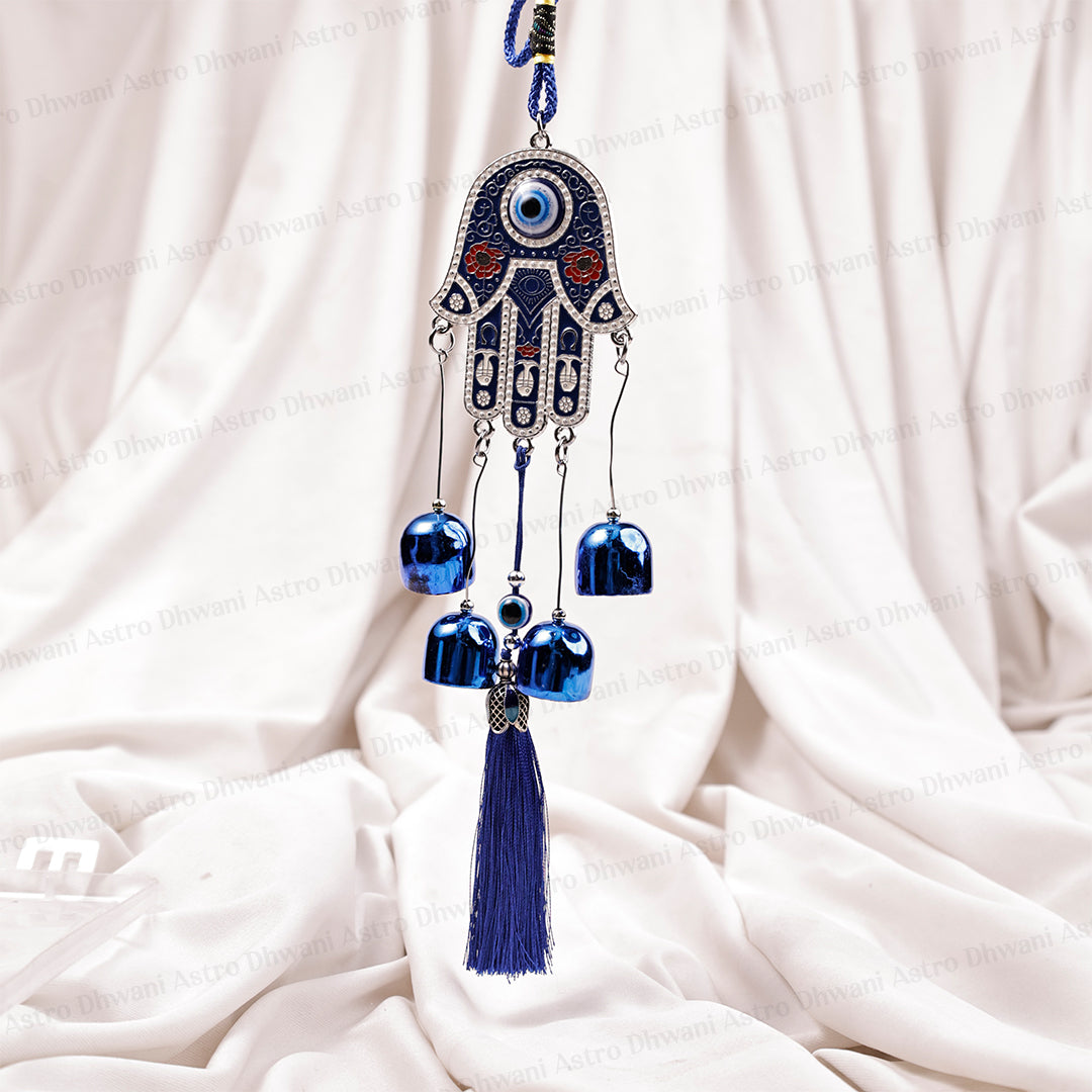 Small Hamsa Hand & Evil Eye Hanging with 5 Bells  – Abhimantrit