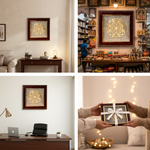 Framed artwork displayed in various settings including a home office, a store, and a cozy living room.