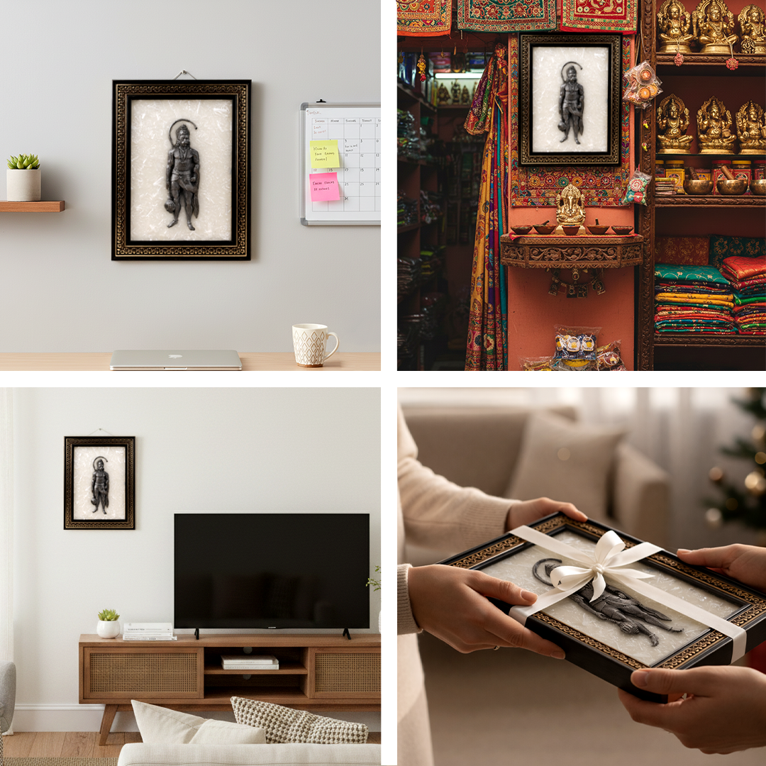 Collage of four images: a framed picture on a wall, a decorated shrine, a living room with a TV, and hands holding a gift.Hanuman Ji On Selenite Frame - Protection & Energy Cleansing Frame