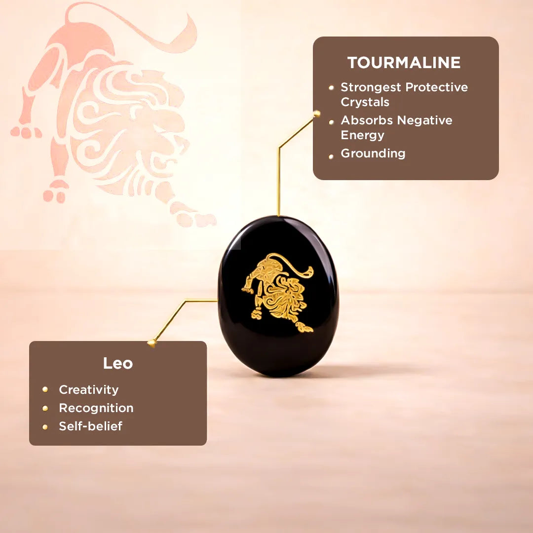 Tourmaline crystal with Leo zodiac symbol on a pink backgroundLeo Zodiac Sign Coin – Abhimantrit Astrology Coin for Confidence