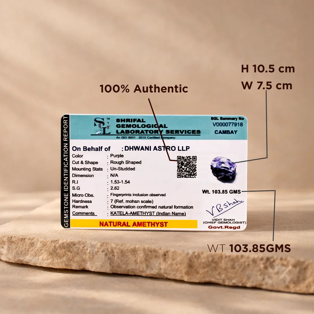 Gemstone identification report card with dimensions and authenticity details on a beige background