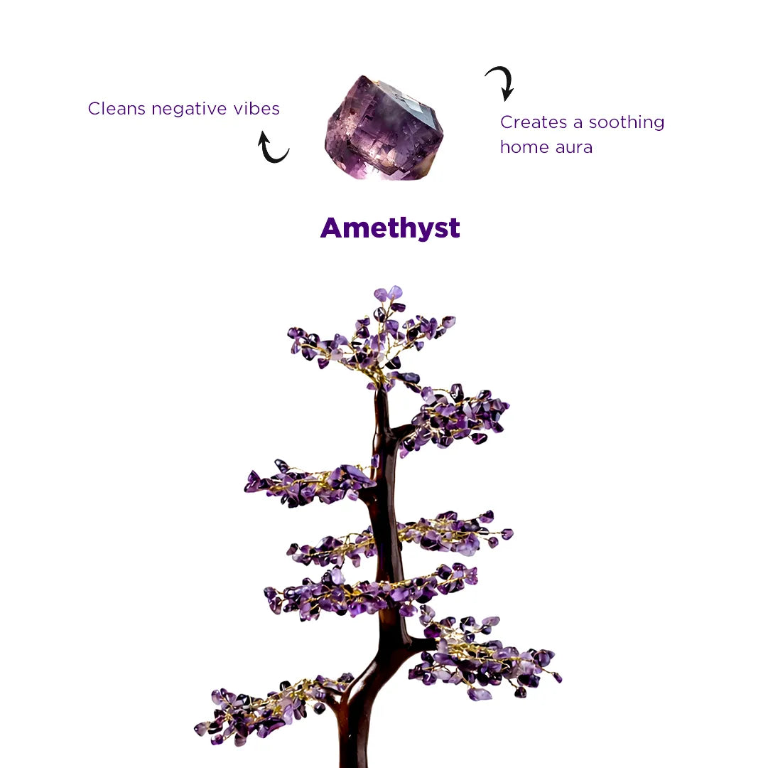 Amethyst crystal tree with properties listed on a white background