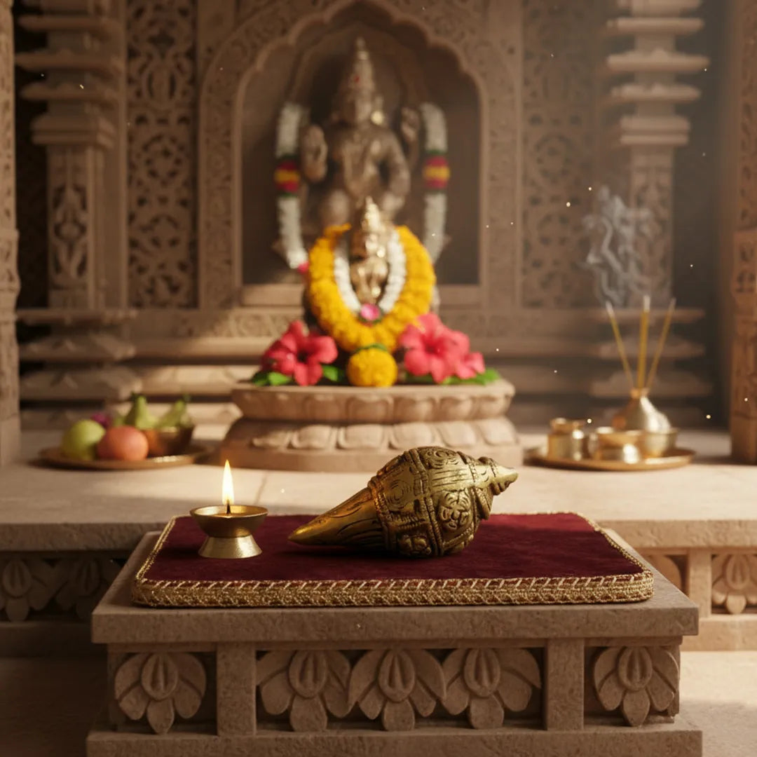 Decorative setting with a golden conch shell, lit candle, and flowers in a temple-like background.