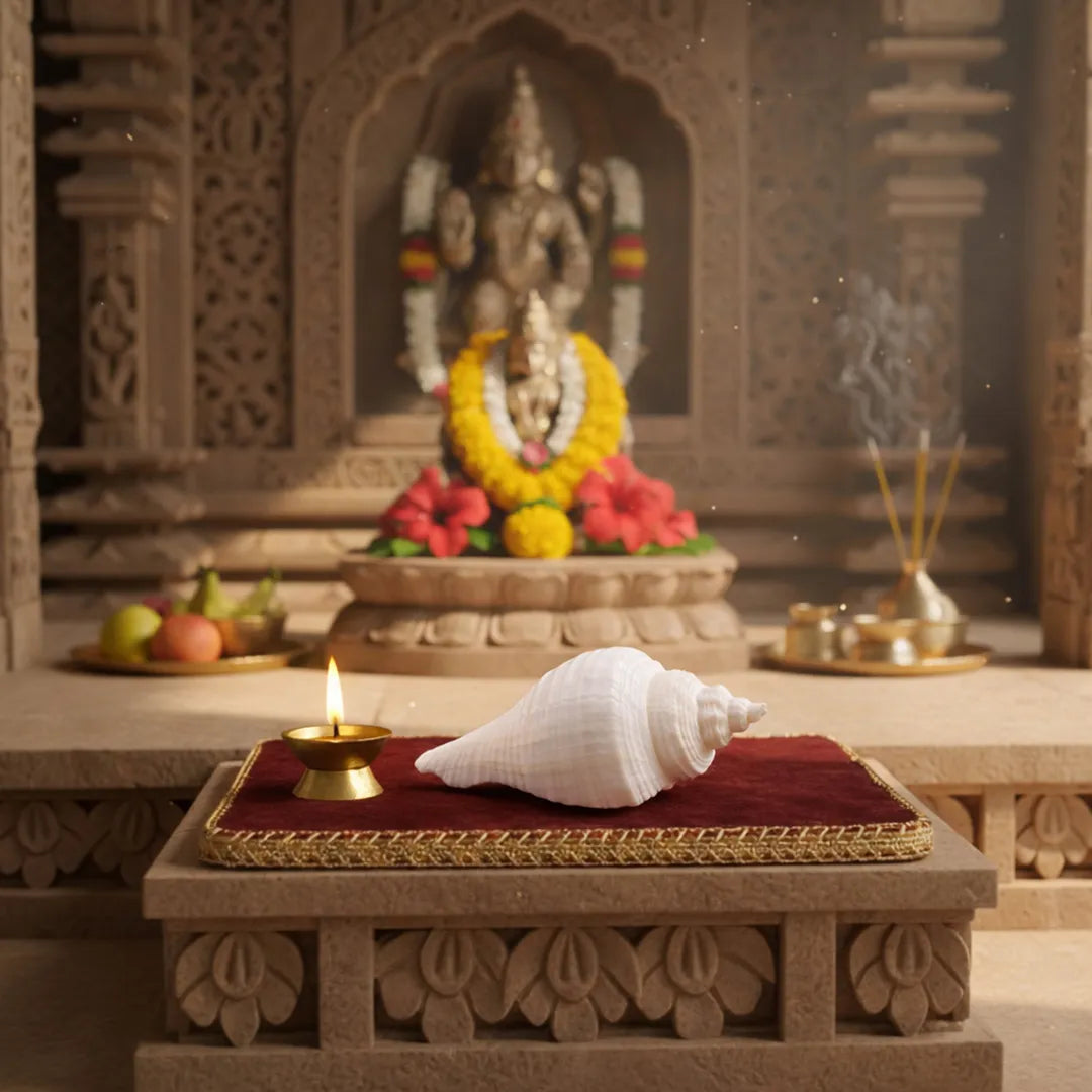 Decorative setting with a statue, shell, and lit candle on a stone platform.