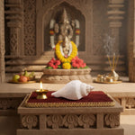 Decorative setting with a statue, shell, and lit candle on a stone platform.