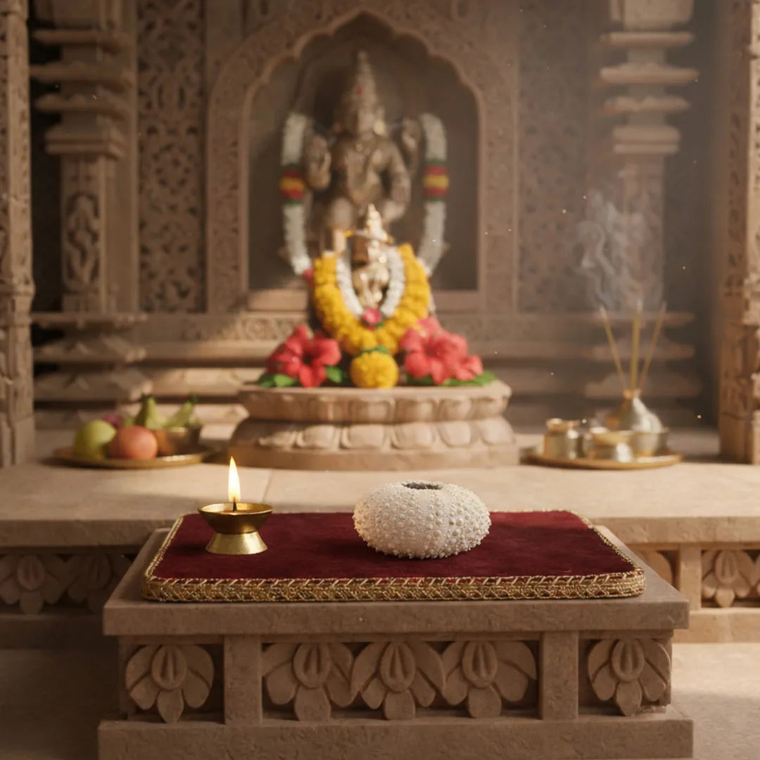 Decorative altar with神像, flowers, and offerings in a temple settingPadam Shankh – Sacred Lakshmi Shankh for Wealth, Prosperity