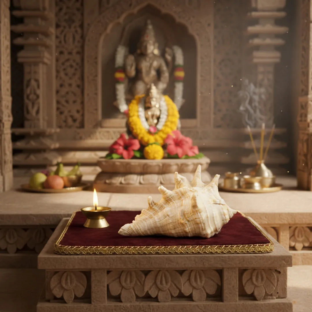 Decorative setting with a shell, candle, and flowers in front of an ornate deity statue.