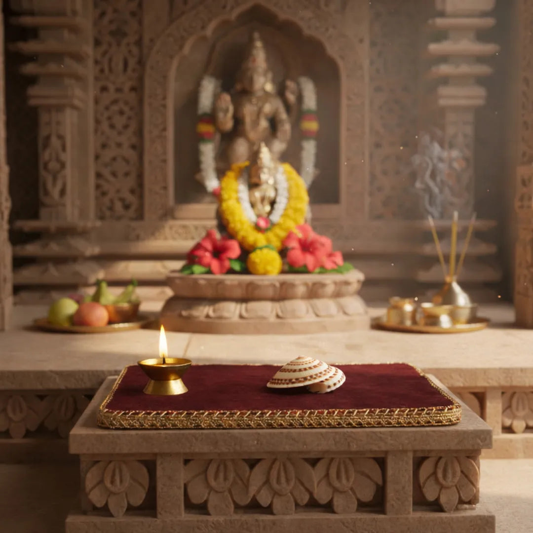 Decorative altar with神像, flowers, and lit candle in a temple setting
