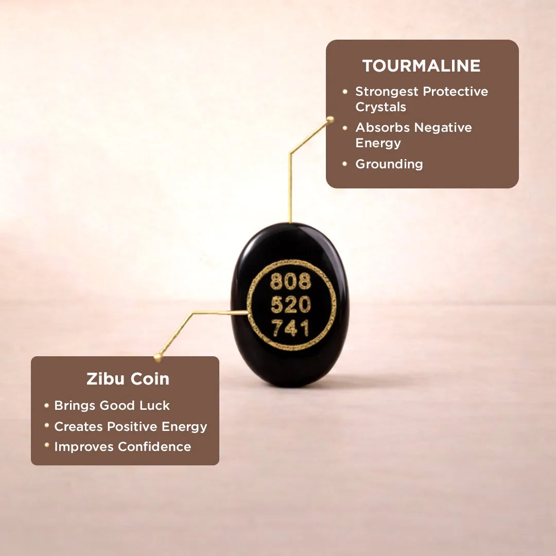 Black stone with gold text and labels for Tourmaline and Zibu Coin on a beige background