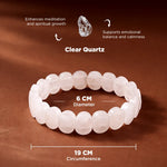 Clear quartz bracelet on a brown background with text about its properties.