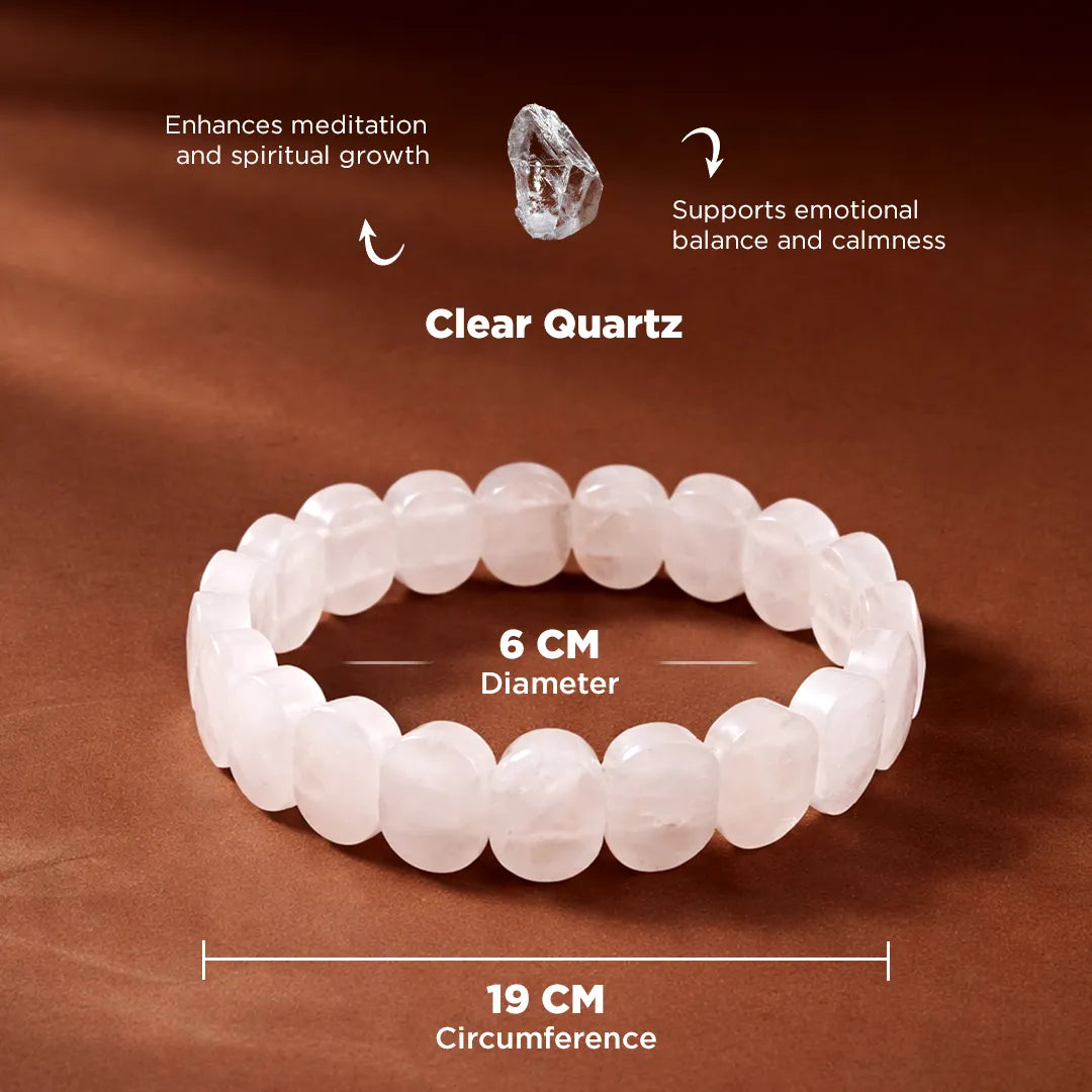 Clear quartz bracelet on a brown background with text about its properties.Clear Quartz Emerald Cut Bracelet – Relief from Depression, Anger & Anxiety