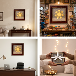 Framed artwork displayed in various settings including a home office, a store, and a cozy living room.