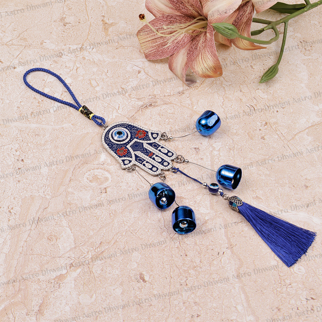 Small Hamsa Hand & Evil Eye Hanging with 5 Bells  – Abhimantrit