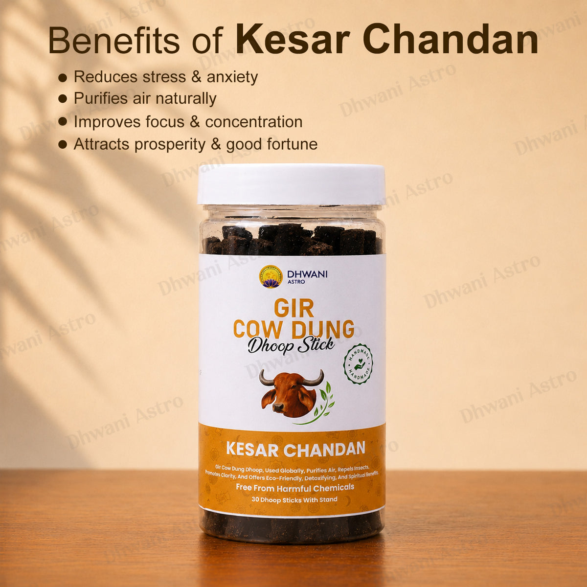 A bottle Kesar Chandan Gir Cow Dung Dhoop Stick placed on a wooden surface against a beige background with text detailing the benefits of Kesar Chandan.