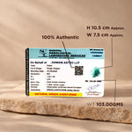 Identification report card for a natural green aventurine stone on a wooden surface