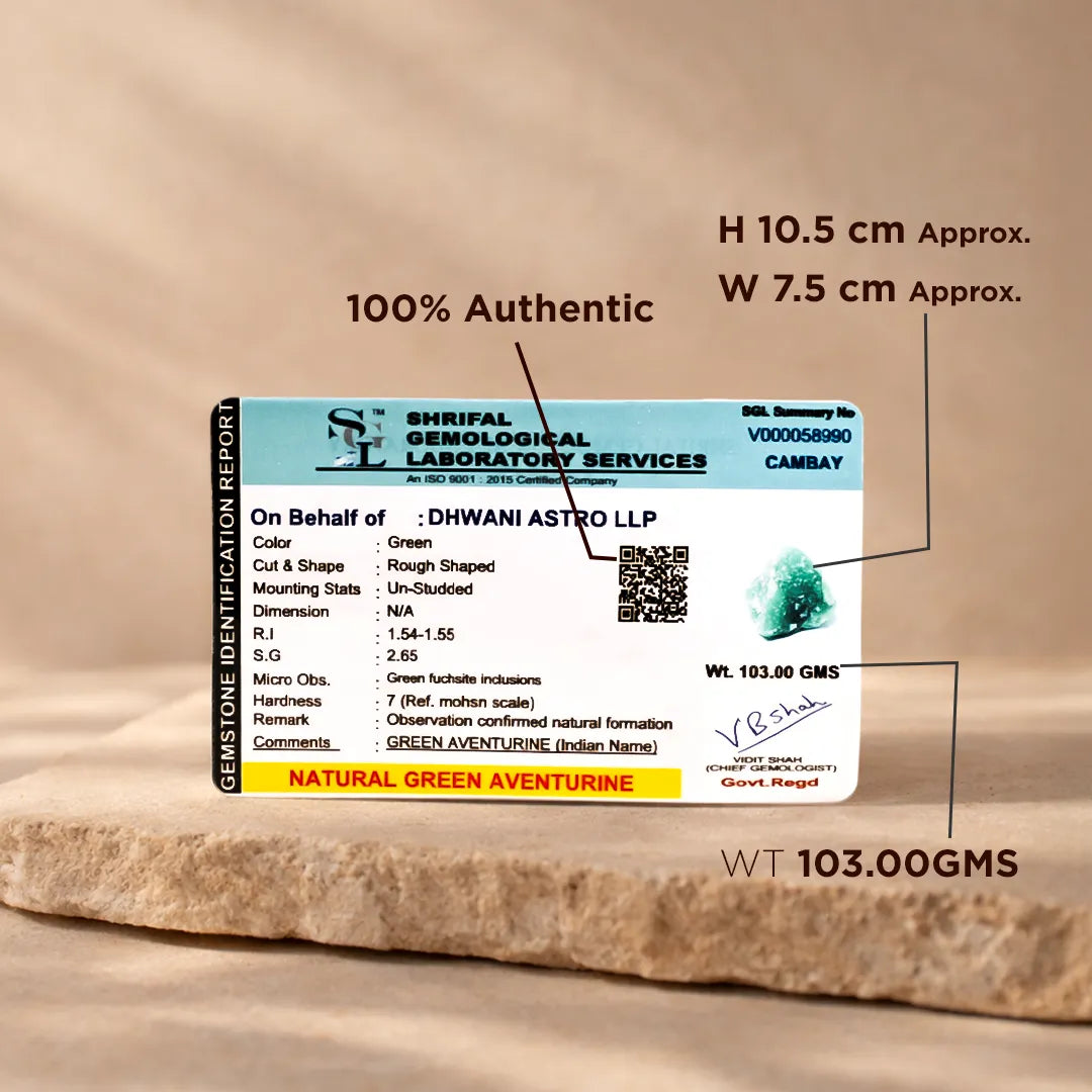 Identification report card for a natural green aventurine stone on a wooden surfaceRough Natural Green Aventurine Stone – Certified Raw Wealth & Luck