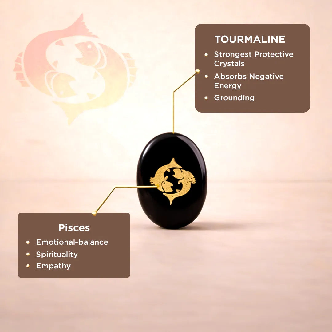Black tourmaline crystal with Pisces zodiac symbol on a beige backgroundPisces Zodiac Sign Coin – Abhimantrit Astrology Coin for Peace