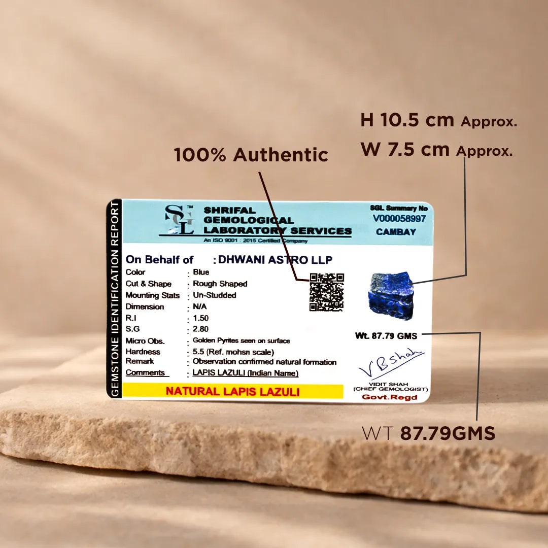 Shriful Gemological Laboratory Services identification report for a natural Lapis Lazuli stone on a beige background.Rough Natural Lapis Lazuli Stone – Abhimantrit & Certified