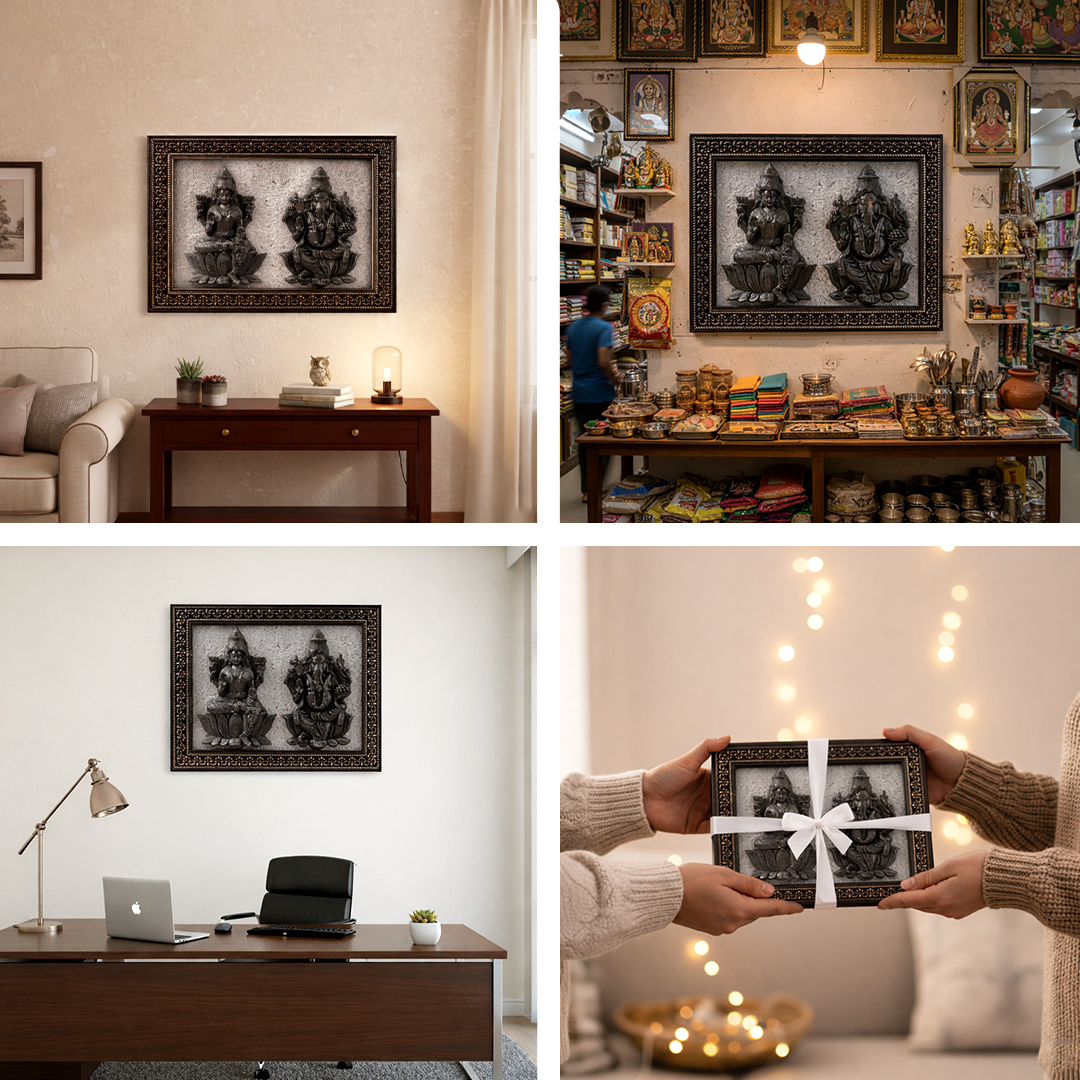 Framed artwork displayed in various settings including a home office, living room, and gift exchange.
