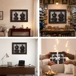 Framed artwork displayed in various settings including a home office, living room, and gift exchange.