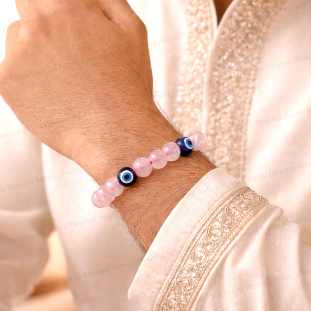 Love and Relationship Protect: Rose Quartz with Evil Eye Bracelet - Abhimantrit & Certified