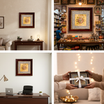 Framed artwork displayed in various settings including a home office, a store, and a cozy living room.