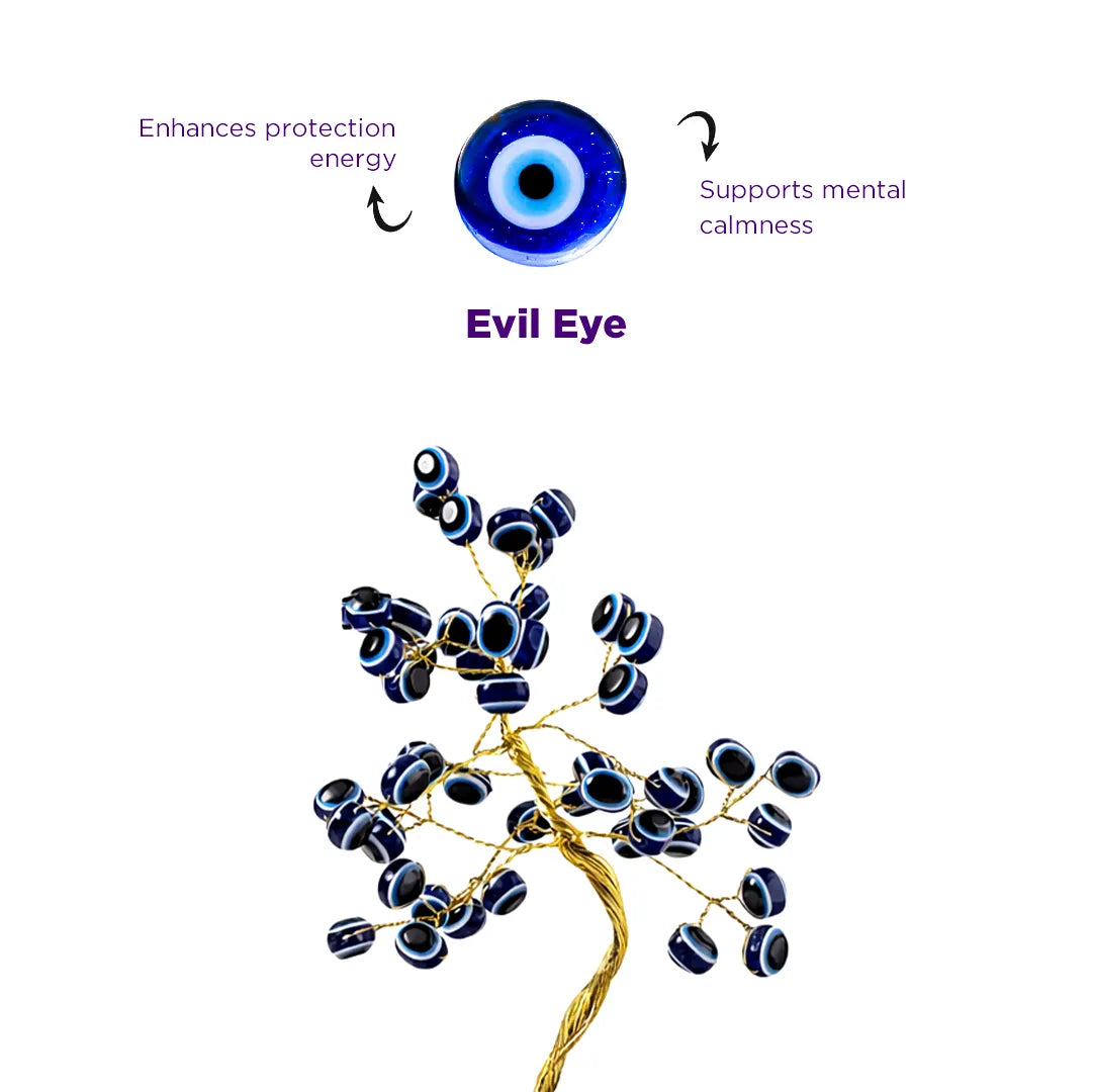 Evil eye charm with tree design on a white background, featuring text about its properties.