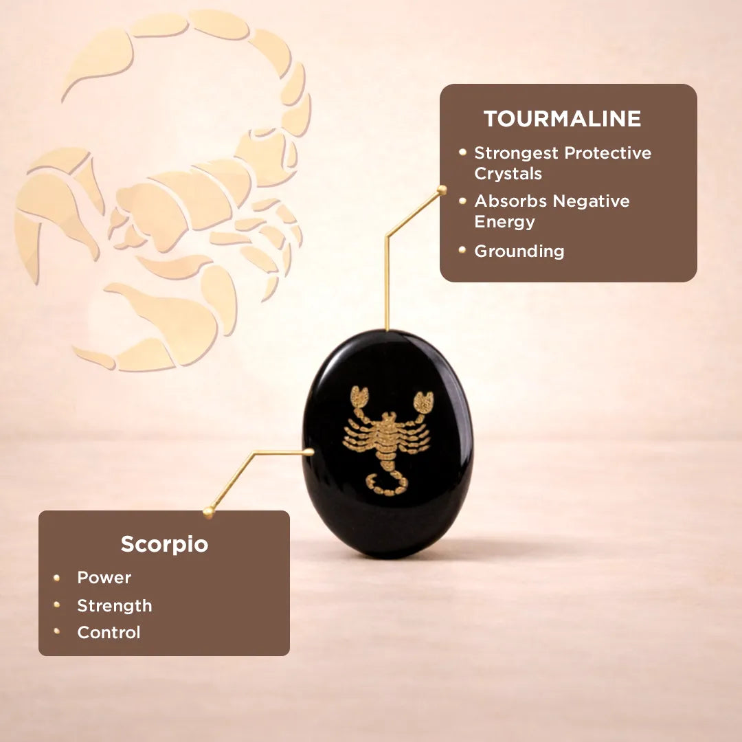 Black tourmaline stone with Scorpio symbol on a beige background, featuring zodiac sign and crystal properties.