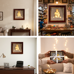 Collage of a framed artwork in different settings, including a home office and a store.